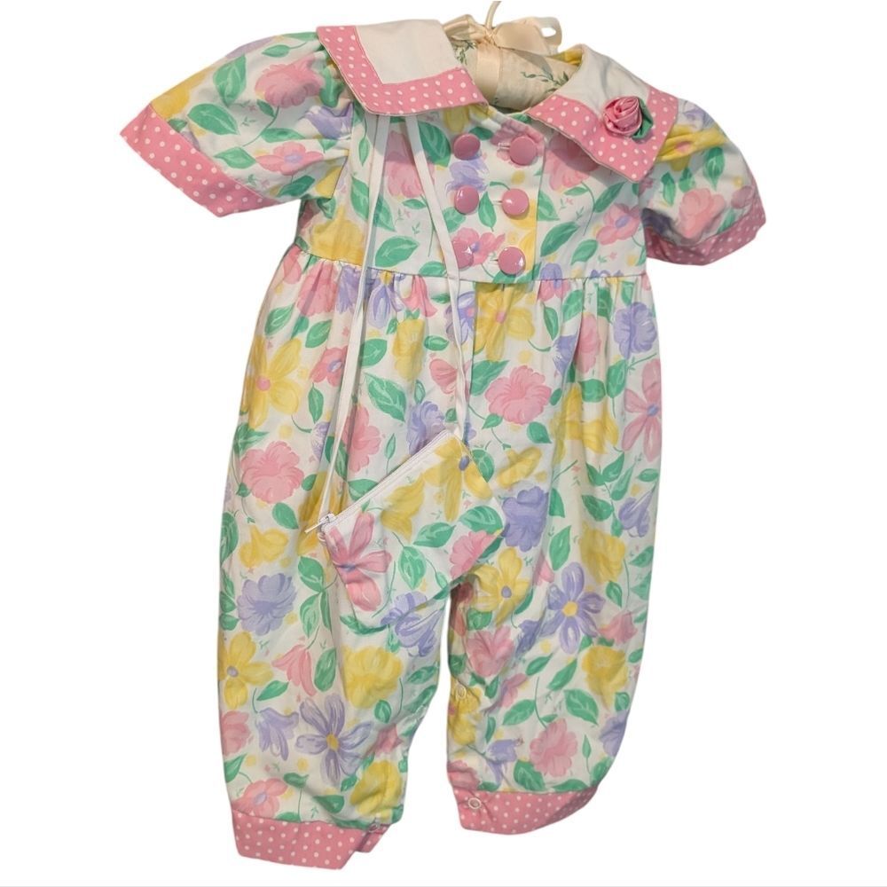 Vintage Pastel Floral Polka Dot Infant Girls Romper Purse Set